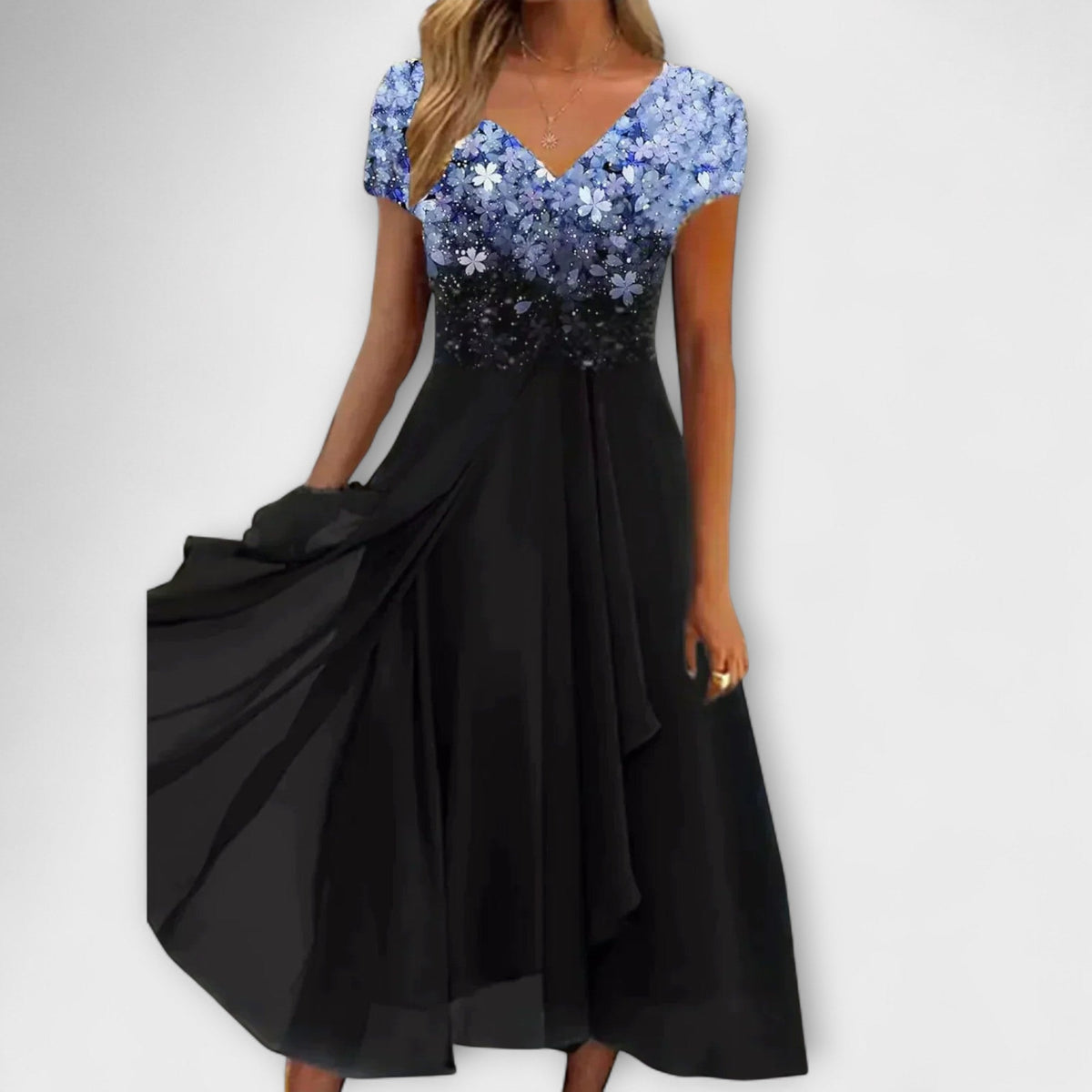 Women's Ombre Print V-Neck Chiffon Midi Dress with Short Sleeves and Layered Skirt