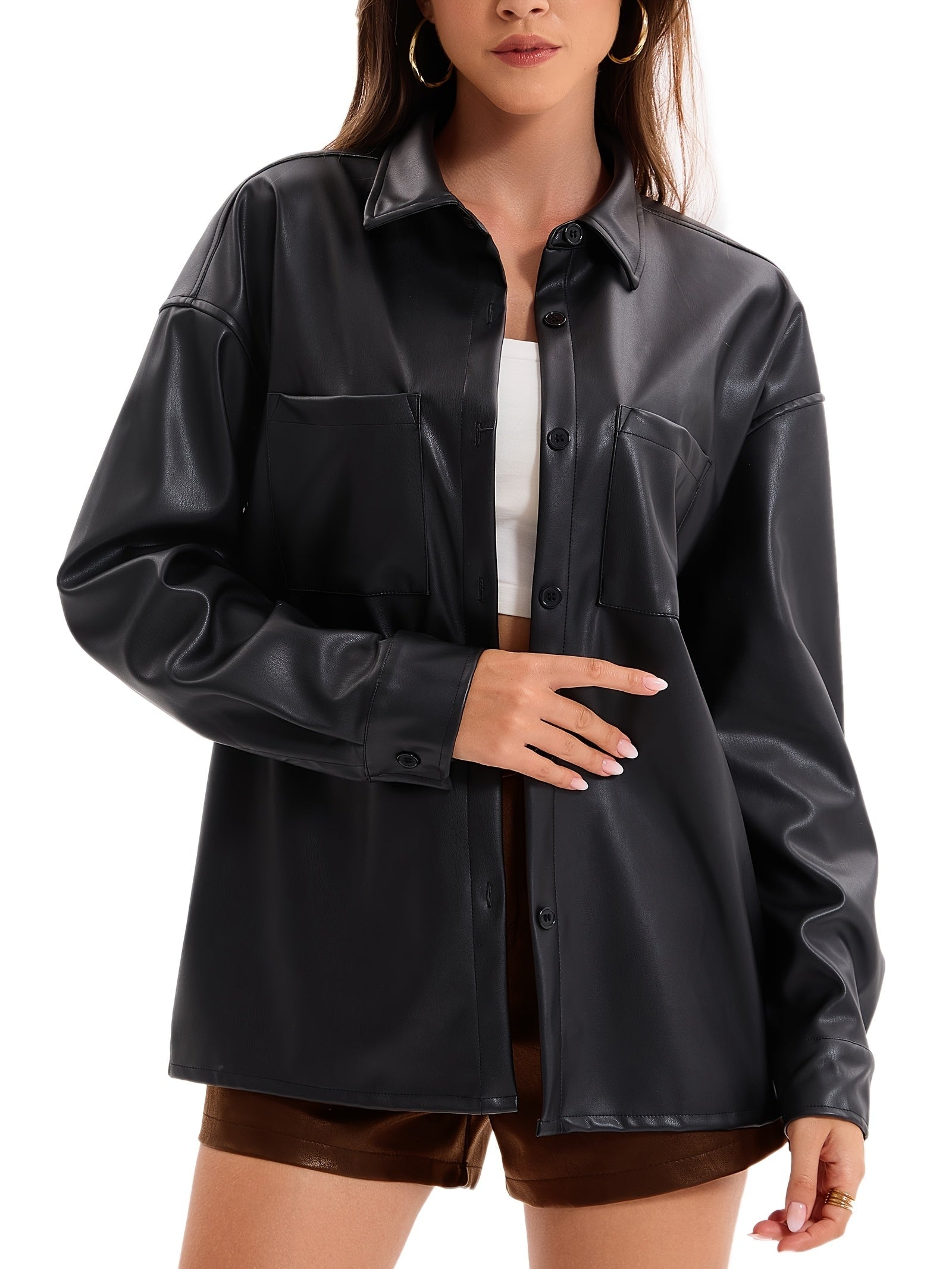 Oversized Faux Leather Shacket with Button Front Collared Fall Jacket