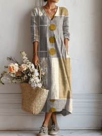 Geometric Print Linen Pocket Tunic Dress with Sleeves for Fall