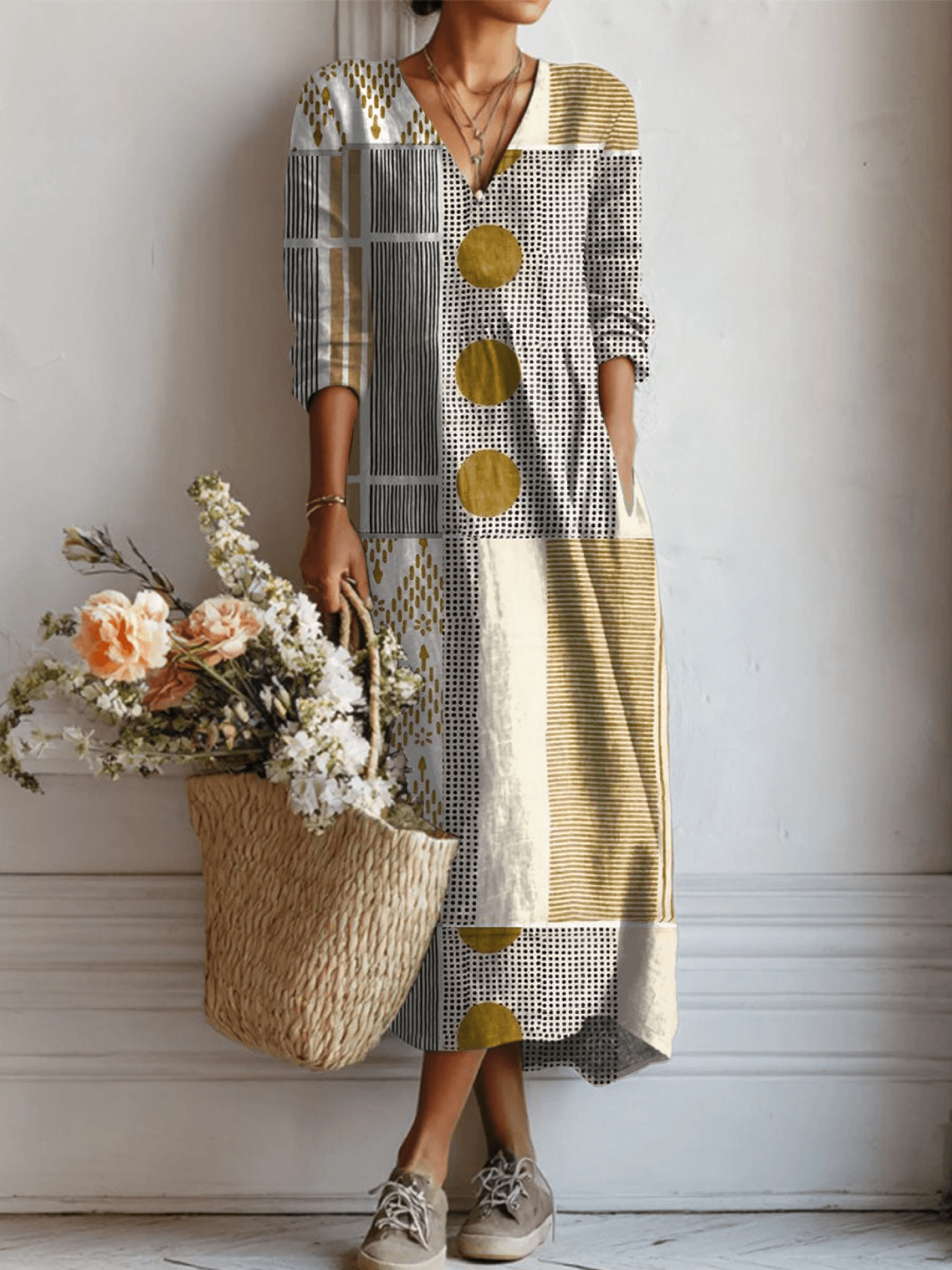 Geometric Print Linen Pocket Tunic Fall Dress with Sleeves