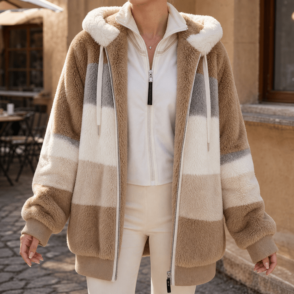 Furvella Women's Color-Block Oversized Faux Fur Hooded Winter Coat
