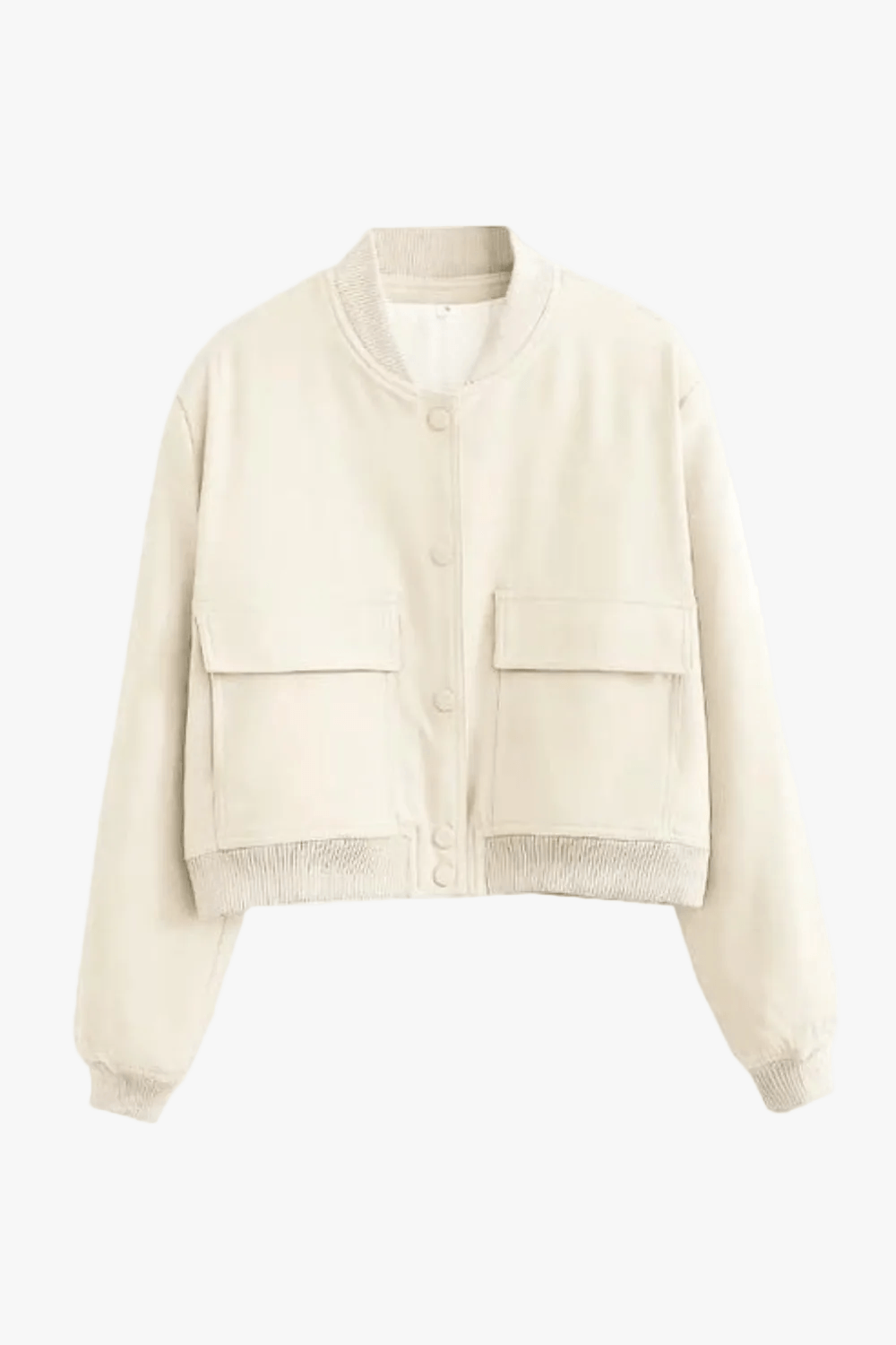 Cropped Bomber Jacket with Snap Front and Rib Knit Trim