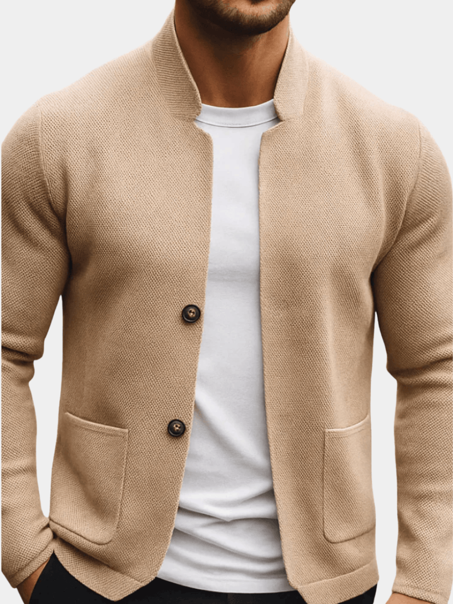 Men's Structured Knit Sweater Blazer with Mandarin Collar