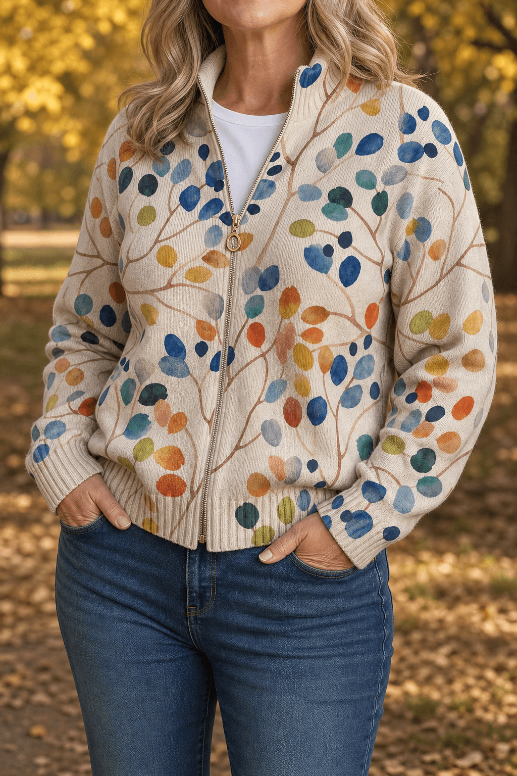 Women's Botanical Print Zip-Up Knit Cardigan Jacket