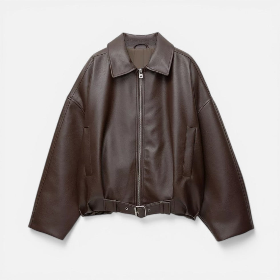 Belted Oversized Bomber Jacket with Collar and Long Sleeves