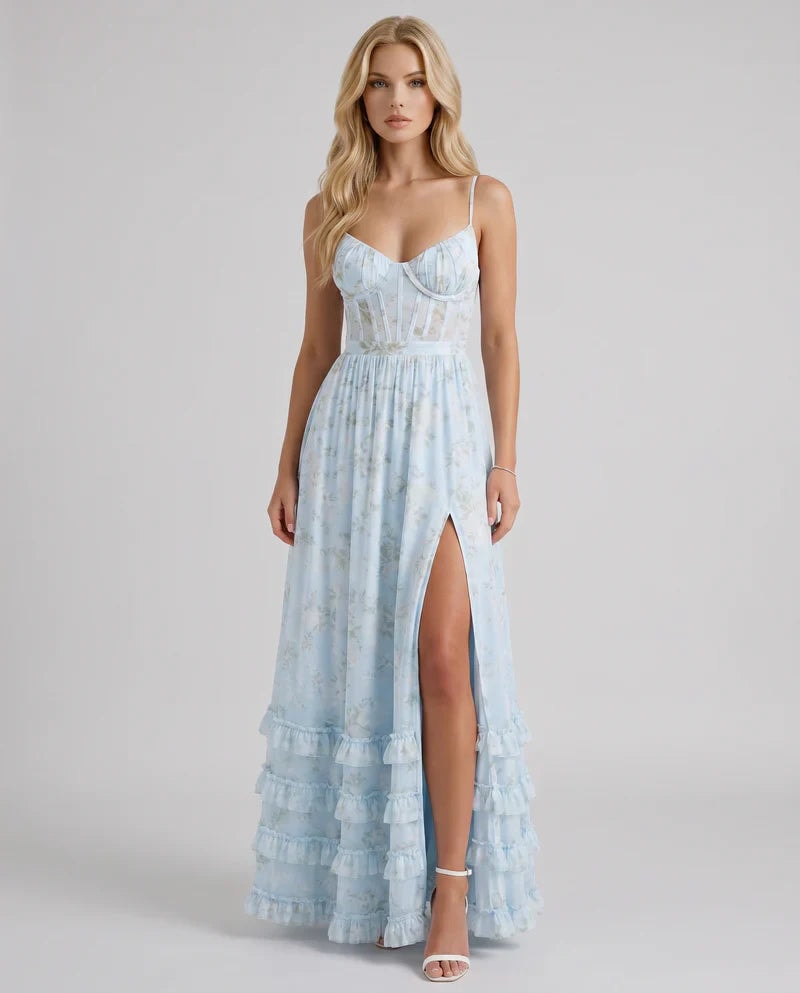 Women's Maxi Floral Chiffon Corset Dress with Tiered Ruffle Hem and Thigh-High Slit