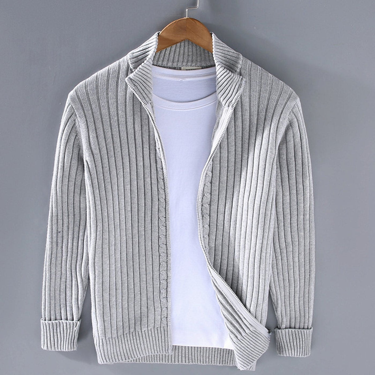 Men's Chunky Ribbed Knit Zip-Up Cardigan with Stand Collar