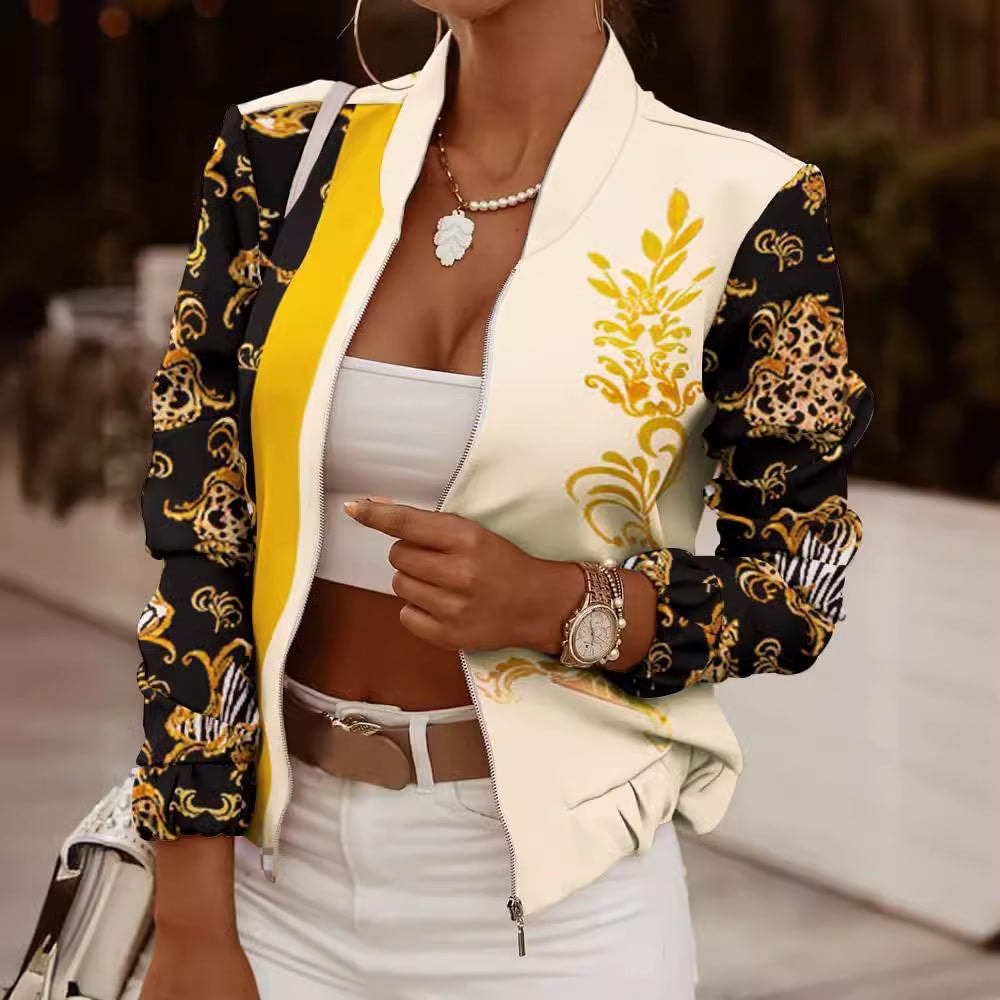 Meabh High-Neck Oversized Floral Print Zip-Up Bomber Jacket for Women