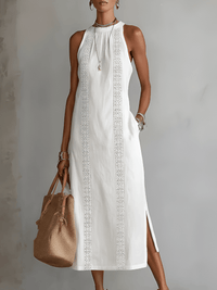 Women's Midi Dress for Fall with Lace Panel and Side Slits in Cotton-Linen Blend