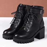 Women's Lace-Up Ankle Boots with Chunky Block Heel Platform Sole and Side Zip