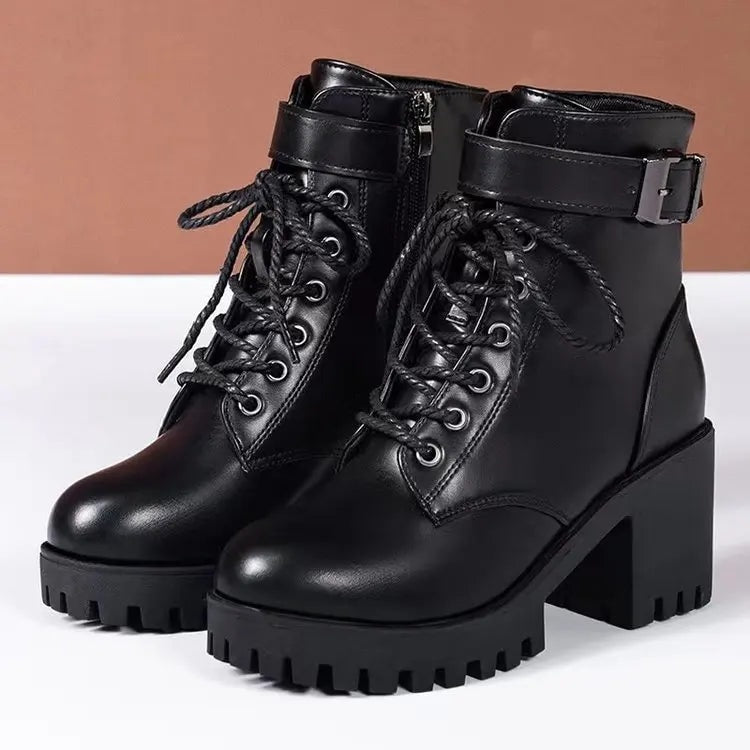 Women's Lace-Up Ankle Boots with Chunky Block Heel Platform Sole and Side Zip