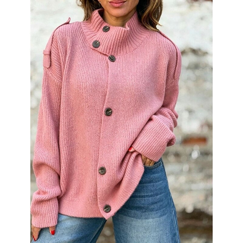 Women's Stand-Collar Knit Cardigan with Oversized Fit and Button Front