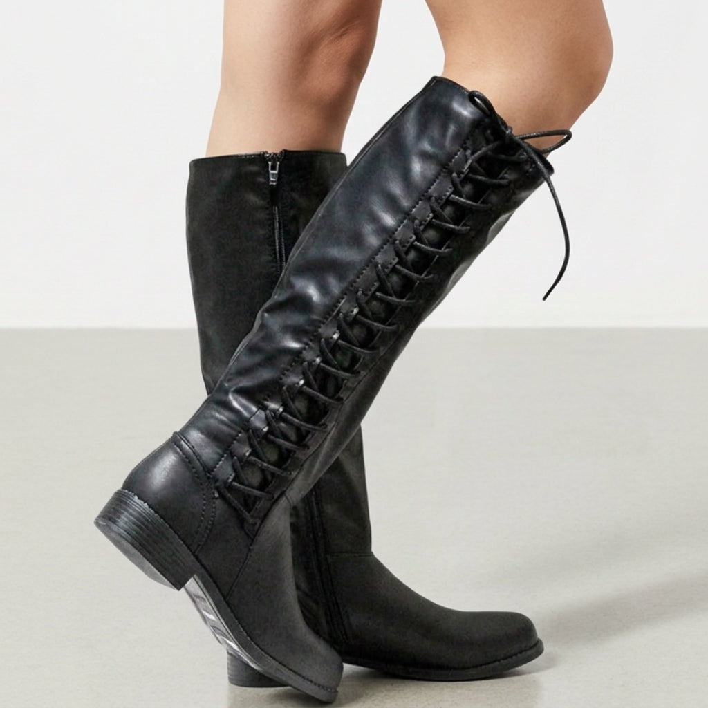 Women's Knee-High Riding Boots with Lace-Up Side and Block Heel