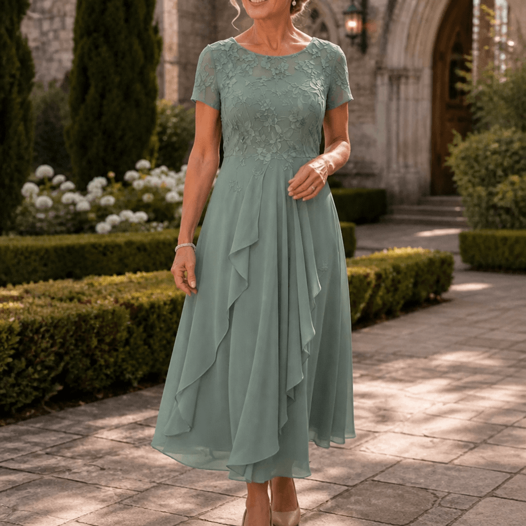Floral Lace Bodice Chiffon Women's Midi Dress with Short Sleeves