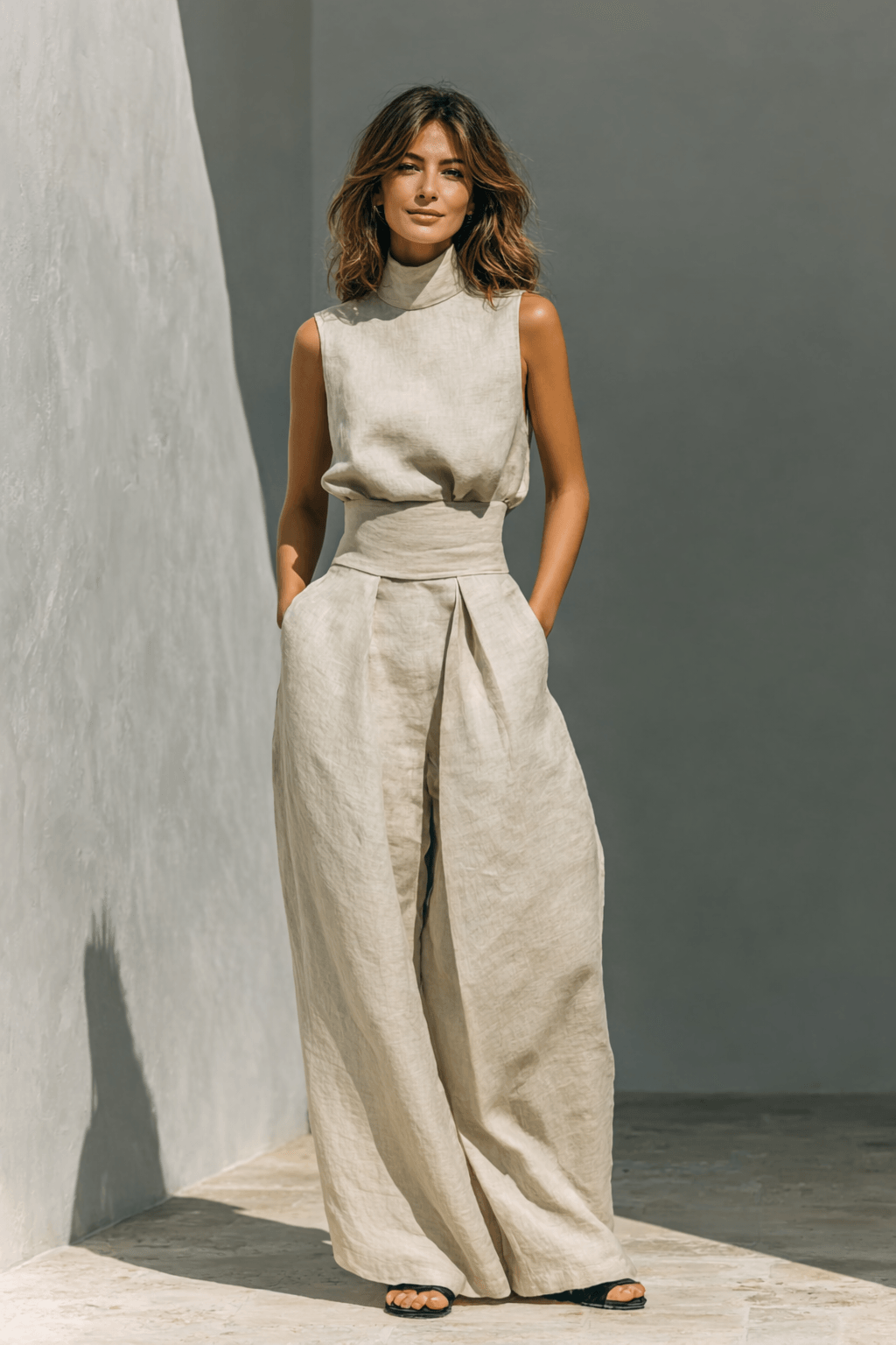Sleeveless Mock Neck Top and Wide Leg Trouser Two Piece Set