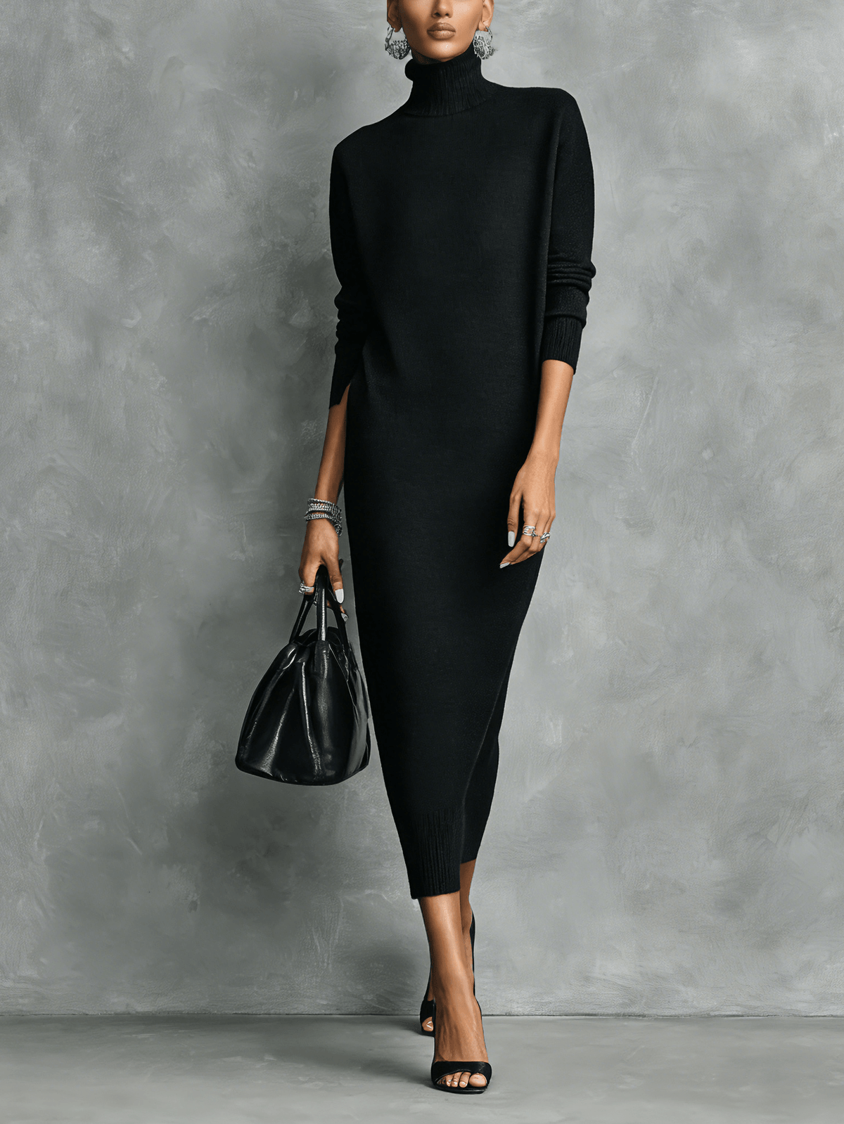 Maelys Turtleneck Knit Sweater Dress with Midi Length