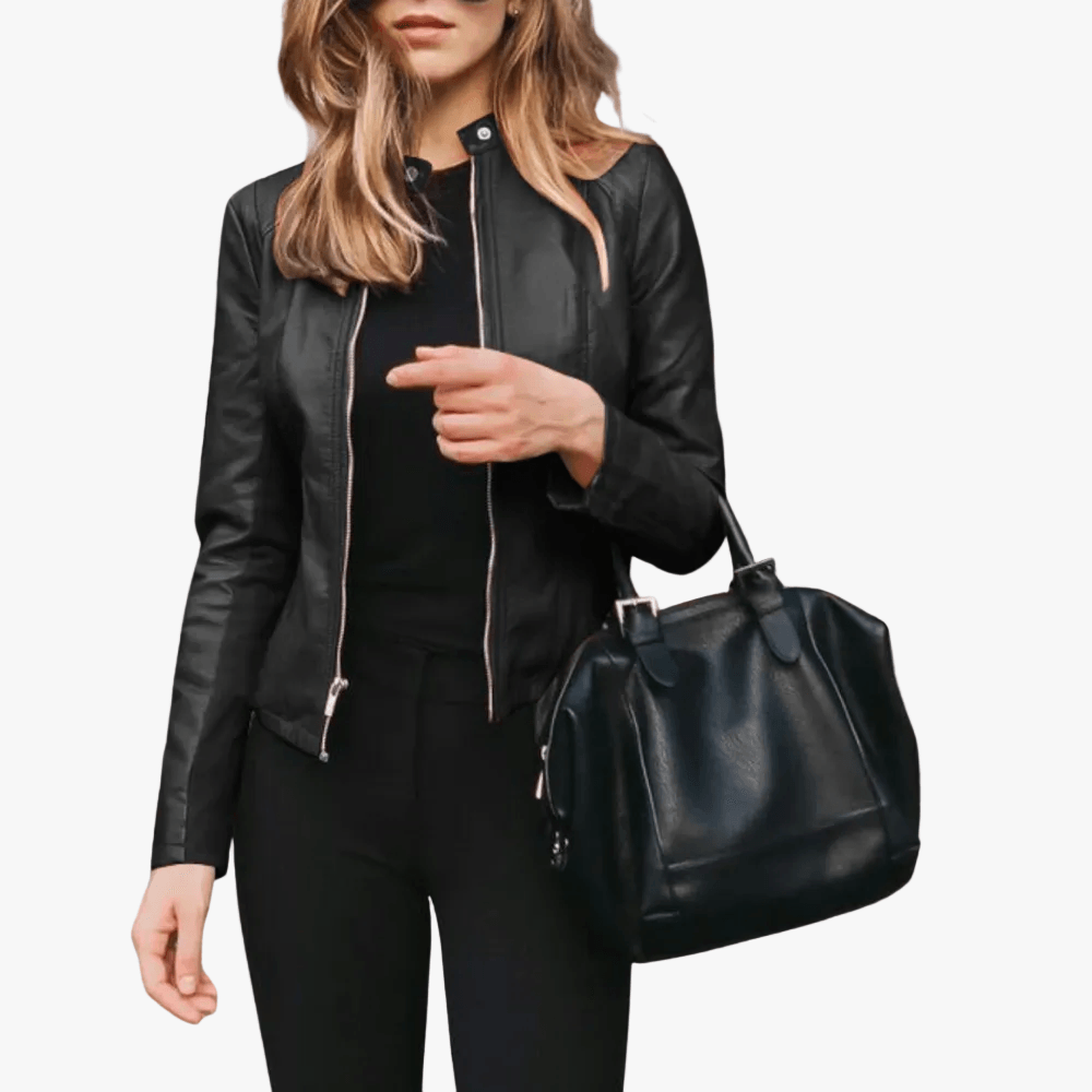 Faux Leather Moto Bomber Jacket with Zip Front and Stand Collar