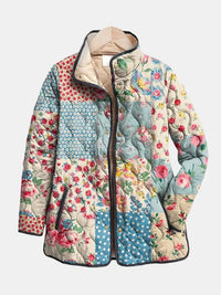 Women's Patchwork Floral Quilted Puffer Jacket with Stand Collar