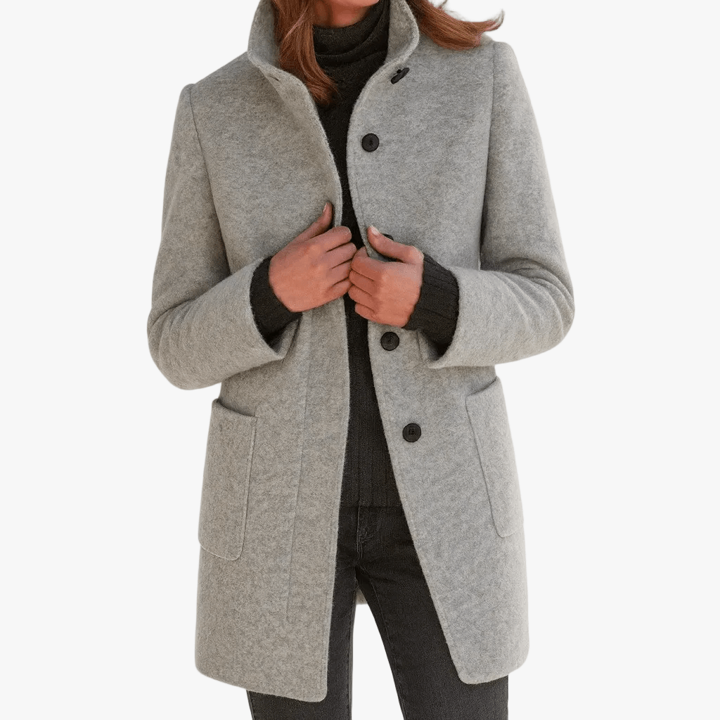 Mid-Length Pea Coat with Stand Collar and Patch Pockets