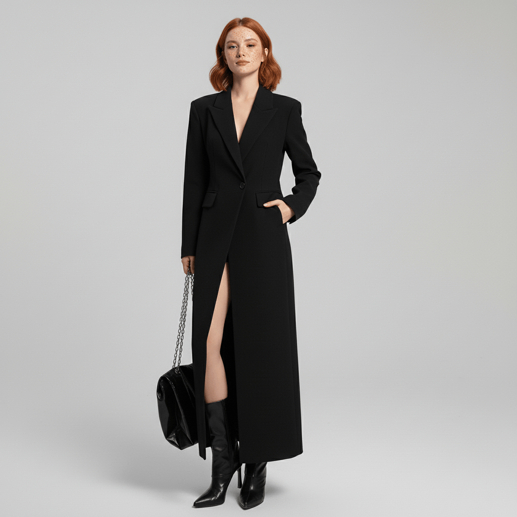 Women's Long Slim-Fit Tailored Maxi Coat with Peak Lapels and Full Lining