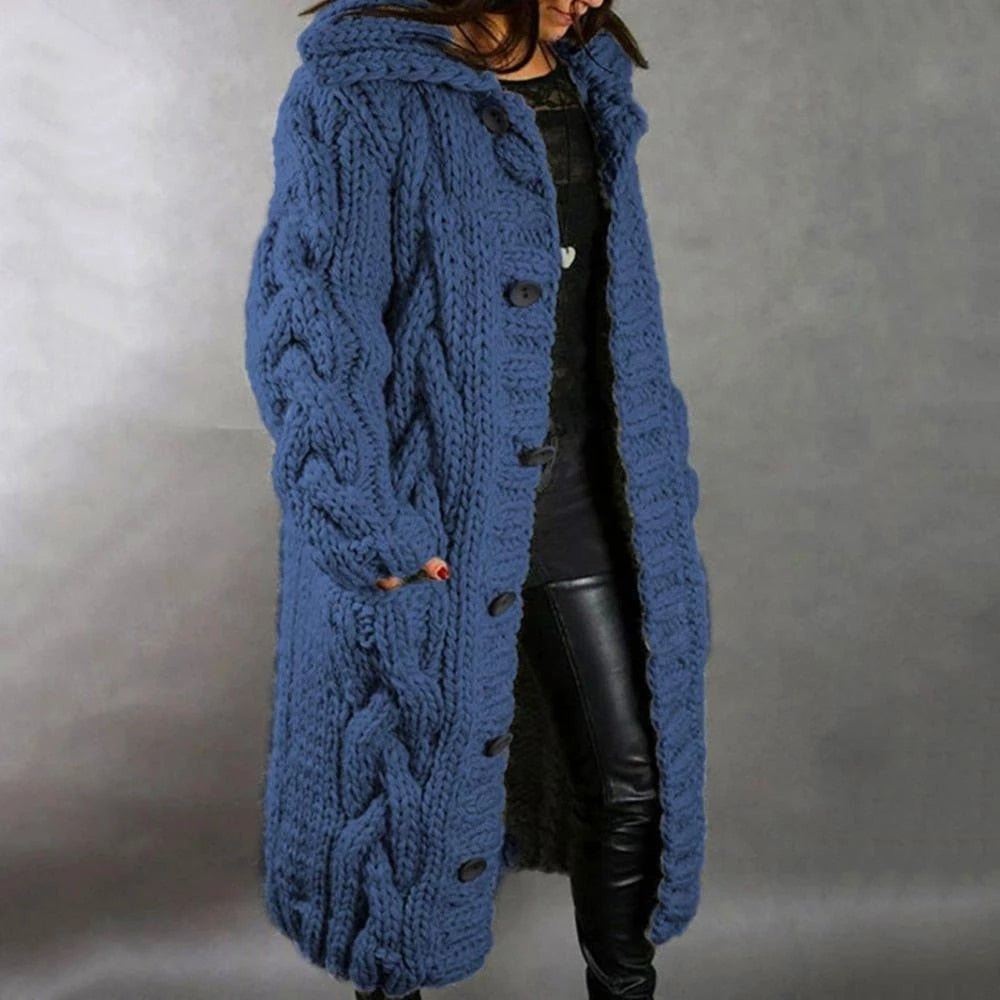 Chunky Hooded Long Cable-Knit Women's Cardigan with Pockets