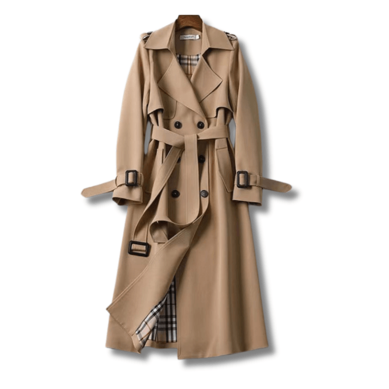 Double-Breasted Belted Trench Coat with Classic Lapel Collar