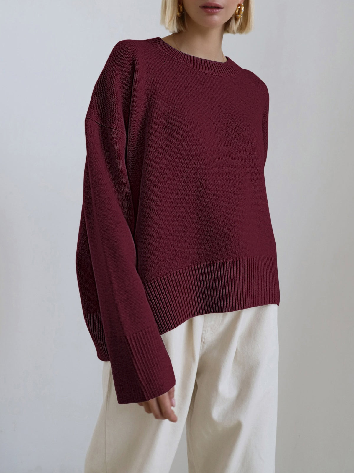 Oversized Crew Neck Sweaters for Women with Rib Trim for Fall Layering