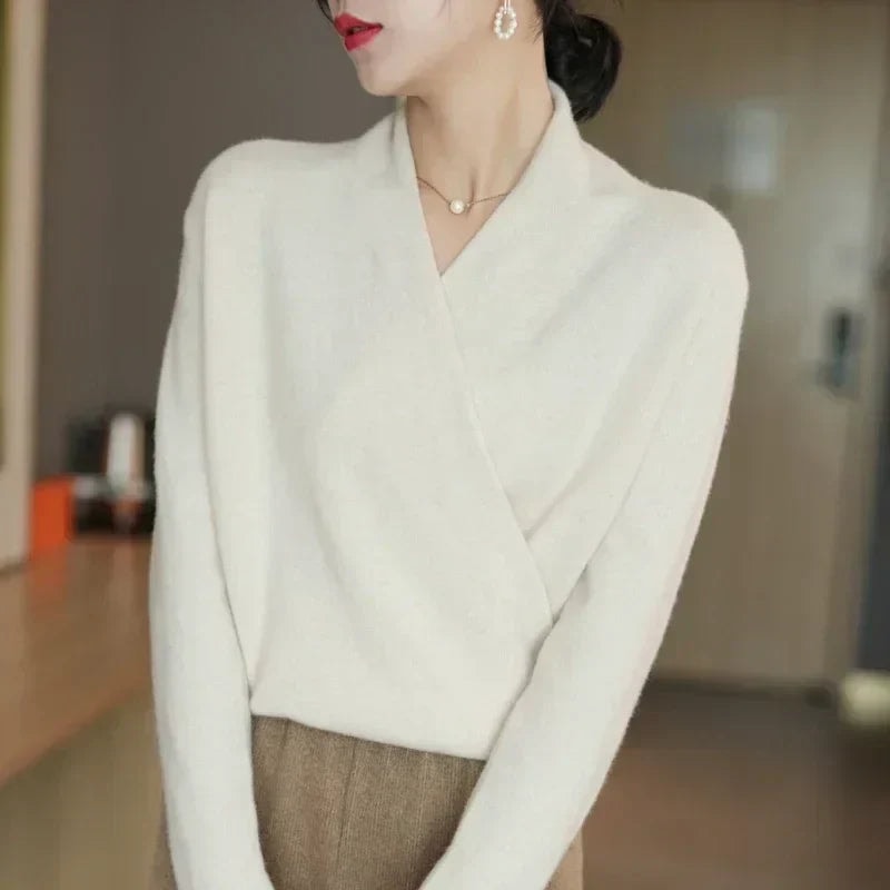 Women's Wrap-Front Knitted Sweater with V-Neck and Ribbed Hem
