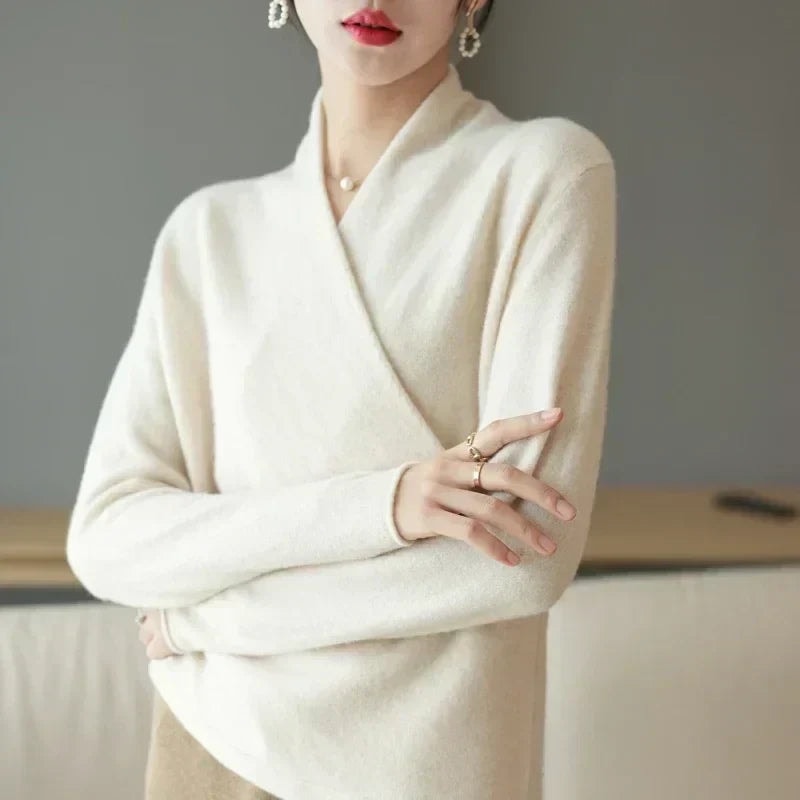 Women's Wrap-Front Knitted Sweater with V-Neck and Ribbed Hem