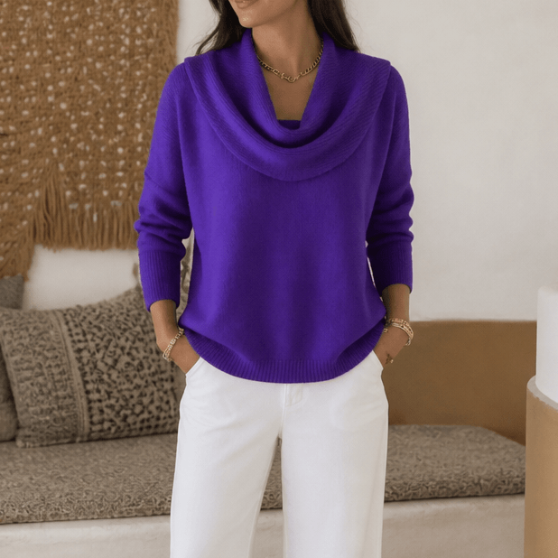 Women's Cowl Neck Drape Knitted Sweater with Long Sleeves