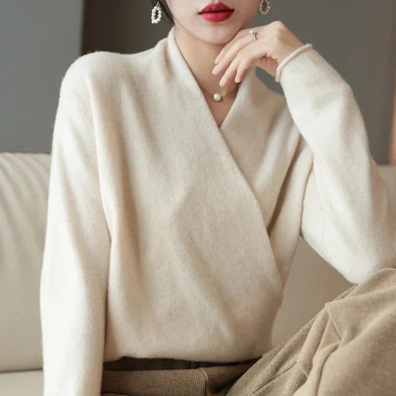 Women's Wrap-Front Knitted Sweater with V-Neck and Ribbed Hem