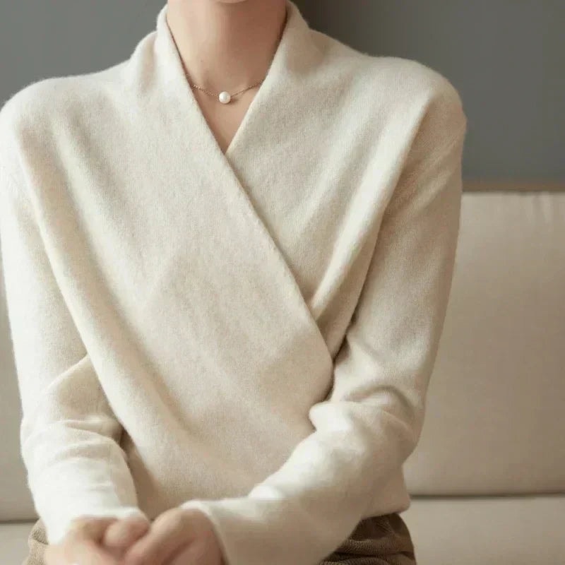 Women's Wrap-Front Knitted Sweater with V-Neck and Ribbed Hem
