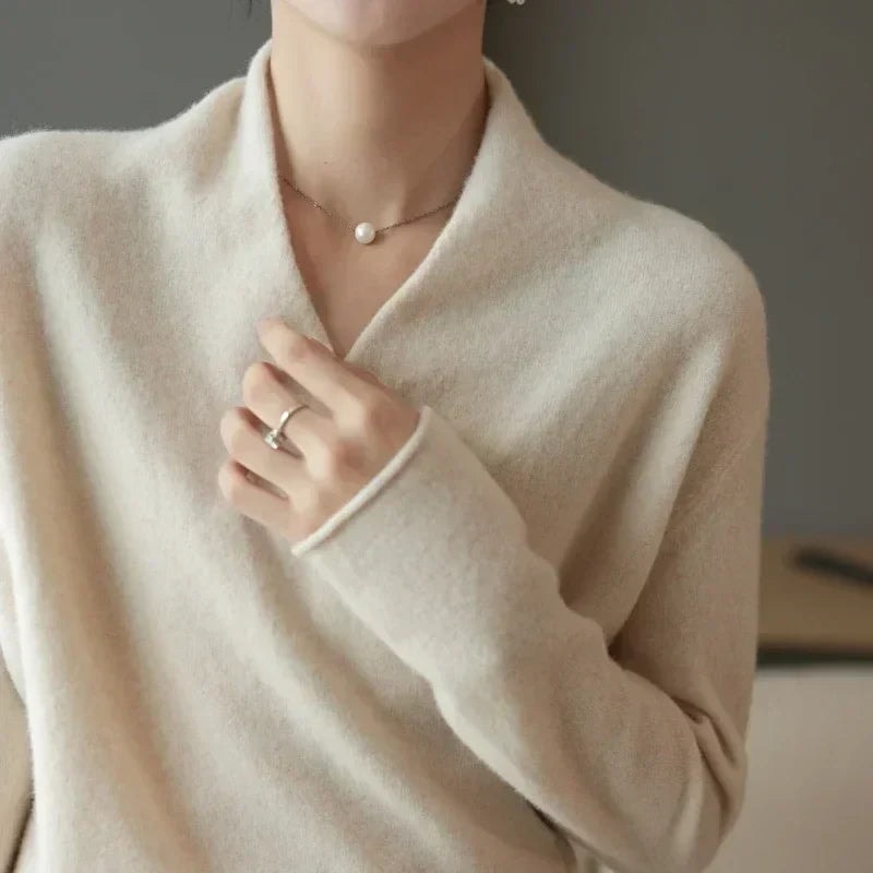 Women's Wrap-Front Knitted Sweater with V-Neck and Ribbed Hem
