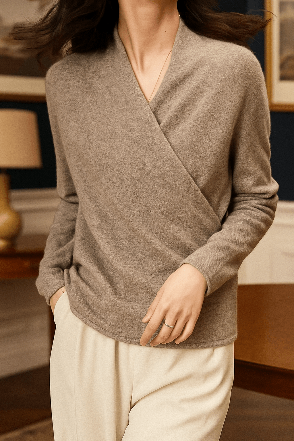 Women's Wrap-Front Knitted Sweater with V-Neck and Ribbed Hem