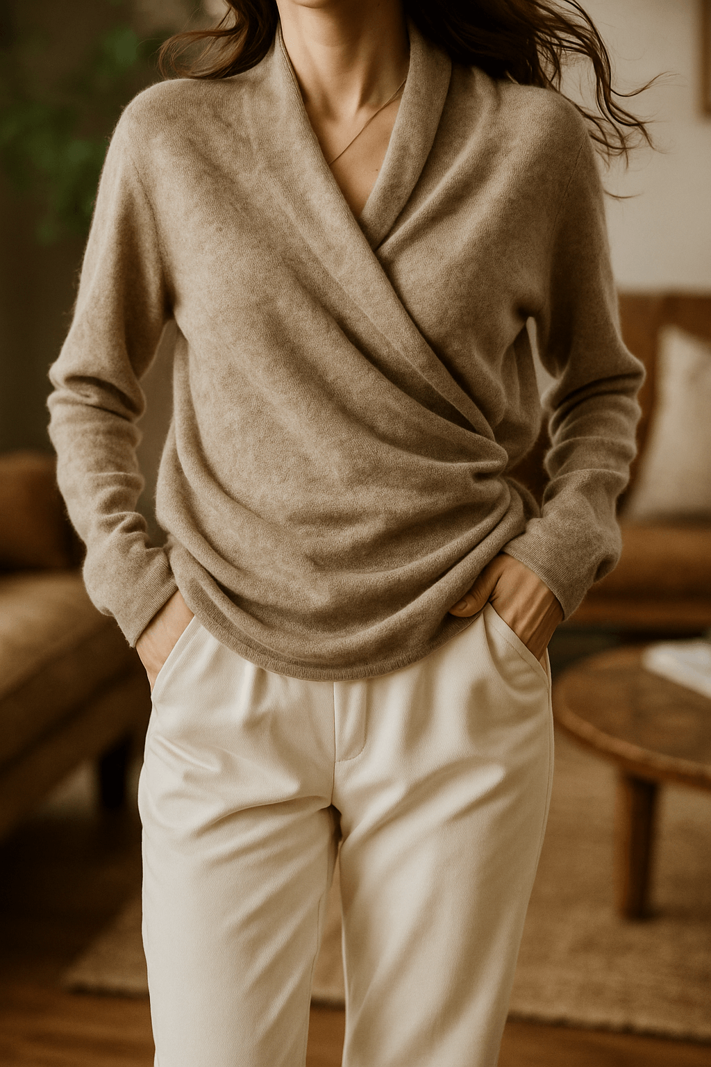 Women's Wrap-Front Knitted Sweater with V-Neck and Ribbed Hem