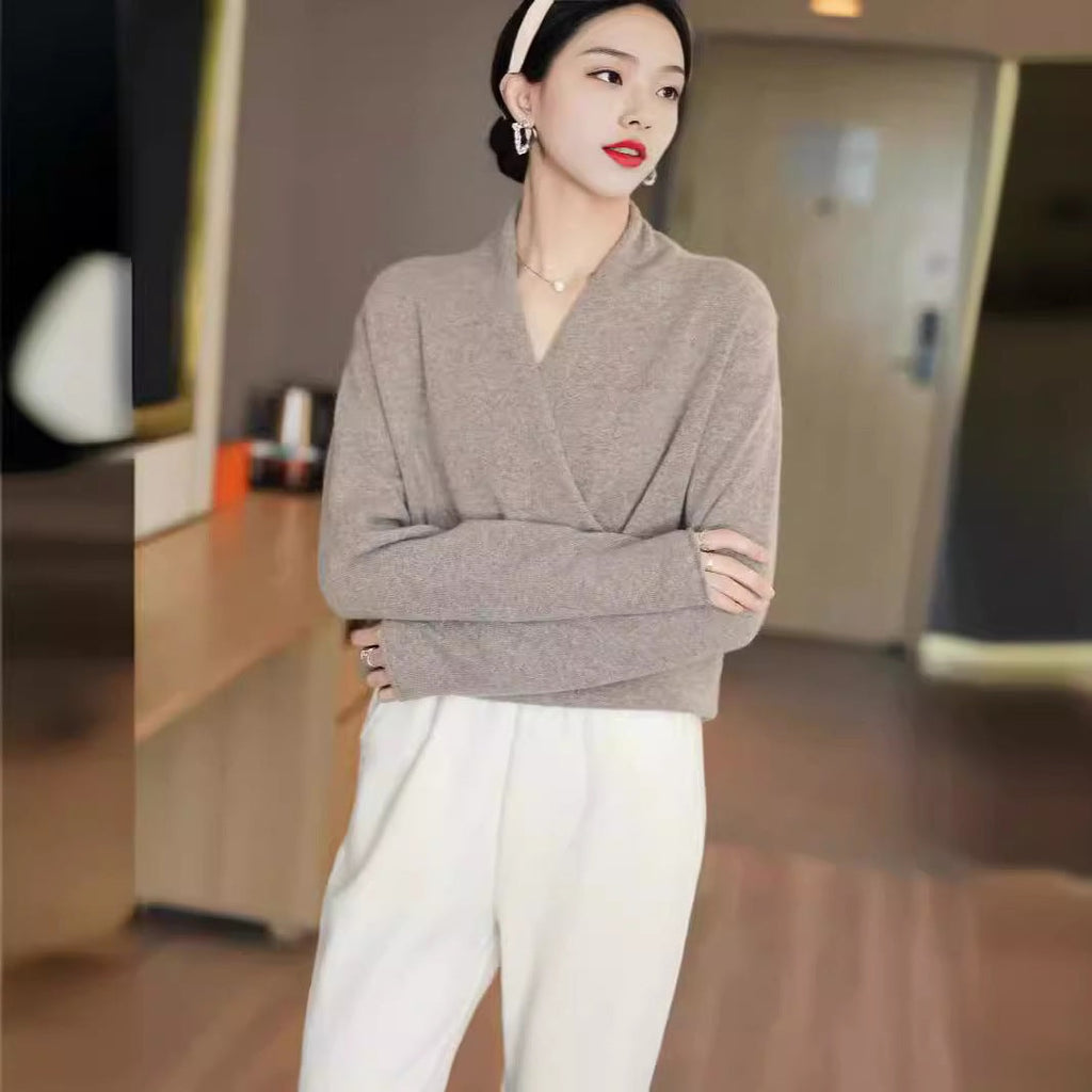 Women's Wrap-Front Knitted Sweater with V-Neck and Ribbed Hem
