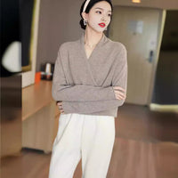 Women's Wrap-Front Knitted Sweater with V-Neck and Ribbed Hem