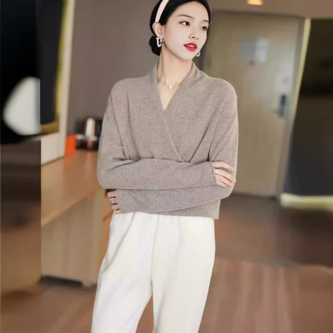 Women's Wrap-Front Knitted Sweater with V-Neck and Ribbed Hem