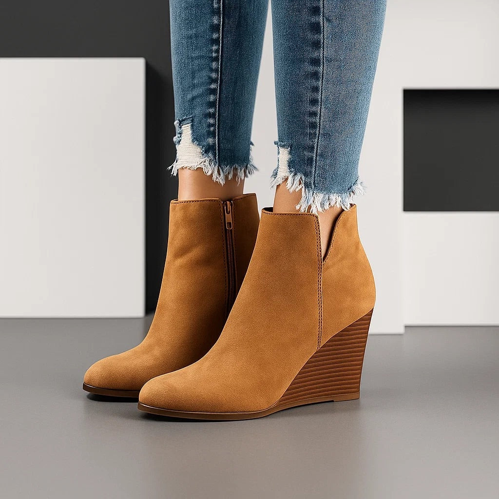 Suede Wedge Ankle Womens Boots with Side Zipper Closure