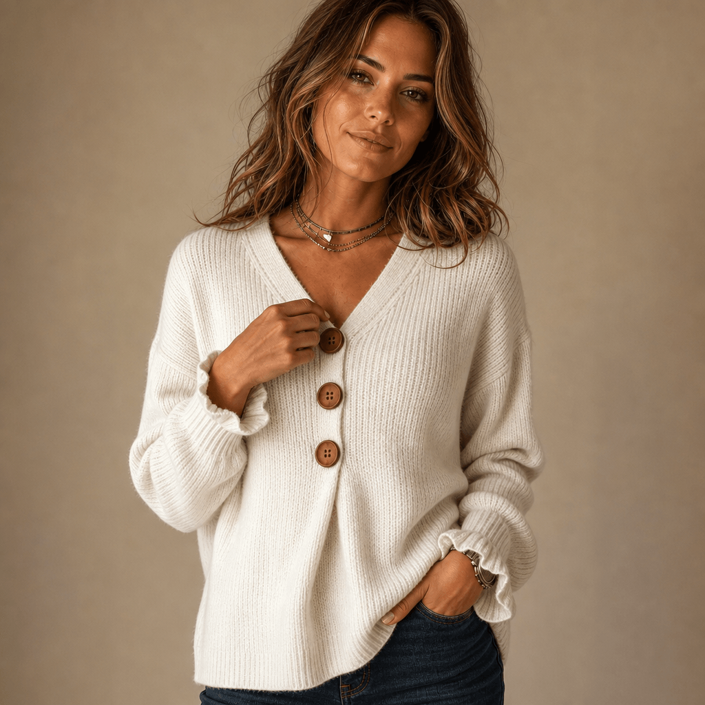 Vessa Ribbed V-Neck Button-Front Acrylic Knitted Sweater for Women