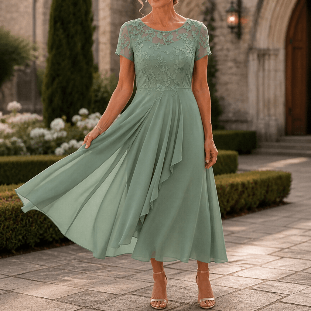 Floral Lace Bodice Chiffon Women's Midi Dress with Short Sleeves