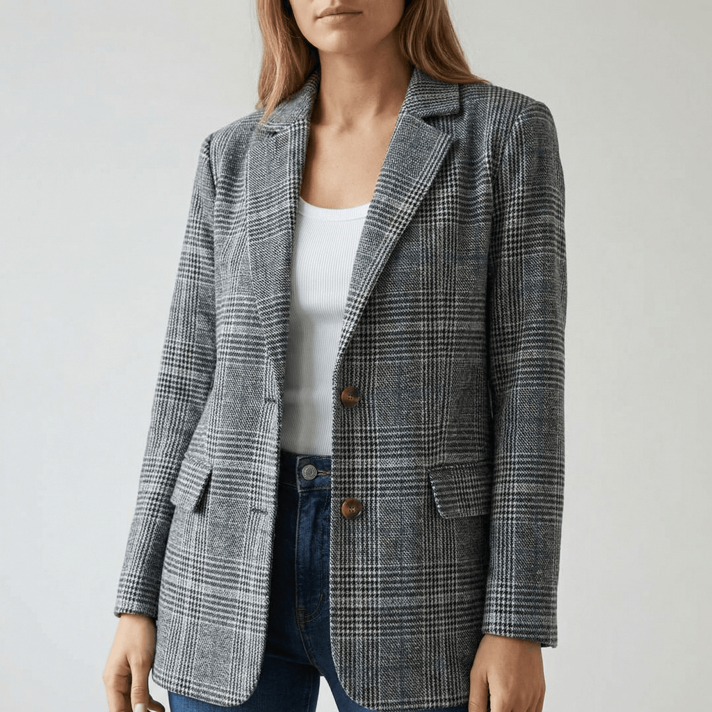 Women's Relaxed Glen Plaid Tailored Blazer with Flap Pockets