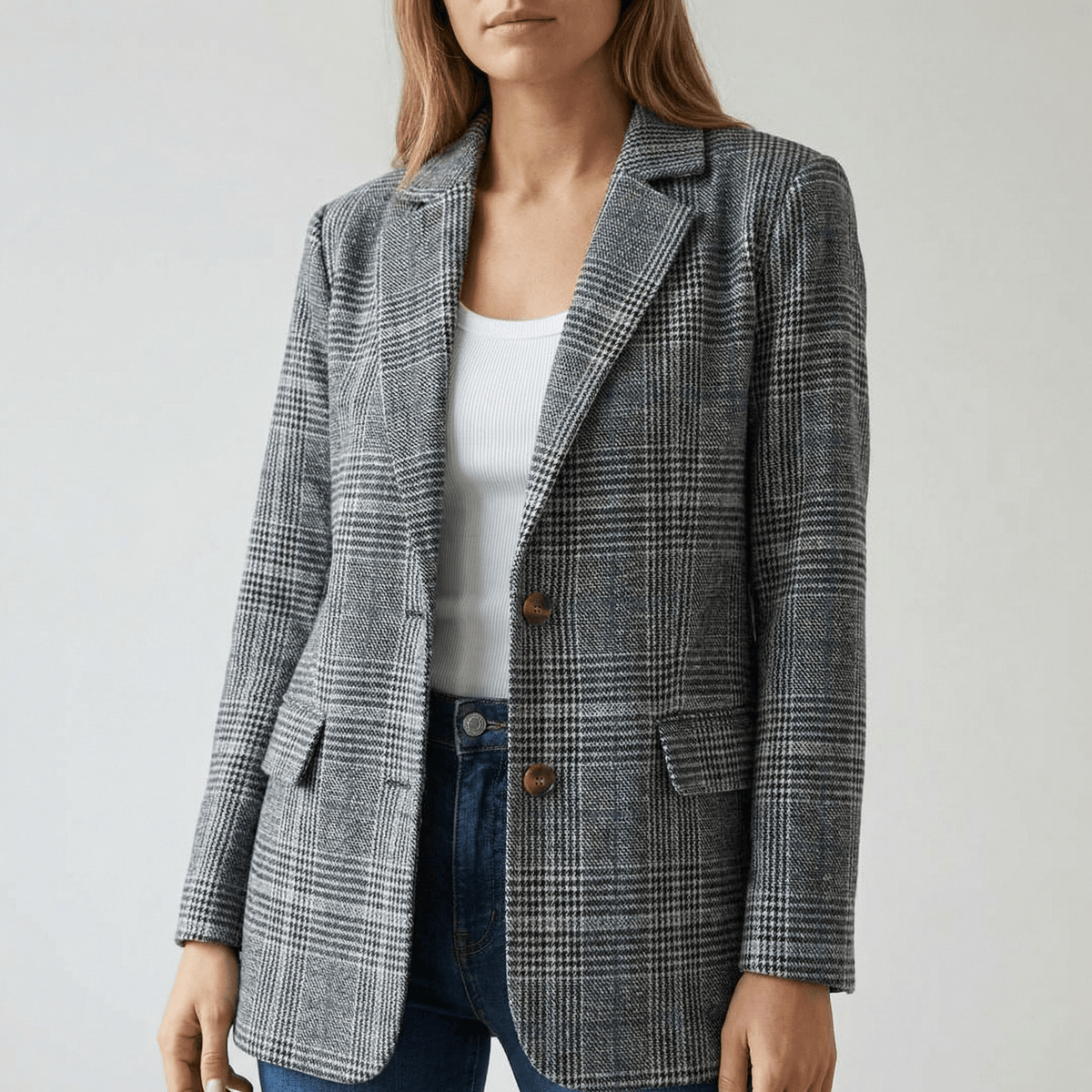 Women's Relaxed Glen Plaid Tailored Blazer with Flap Pockets