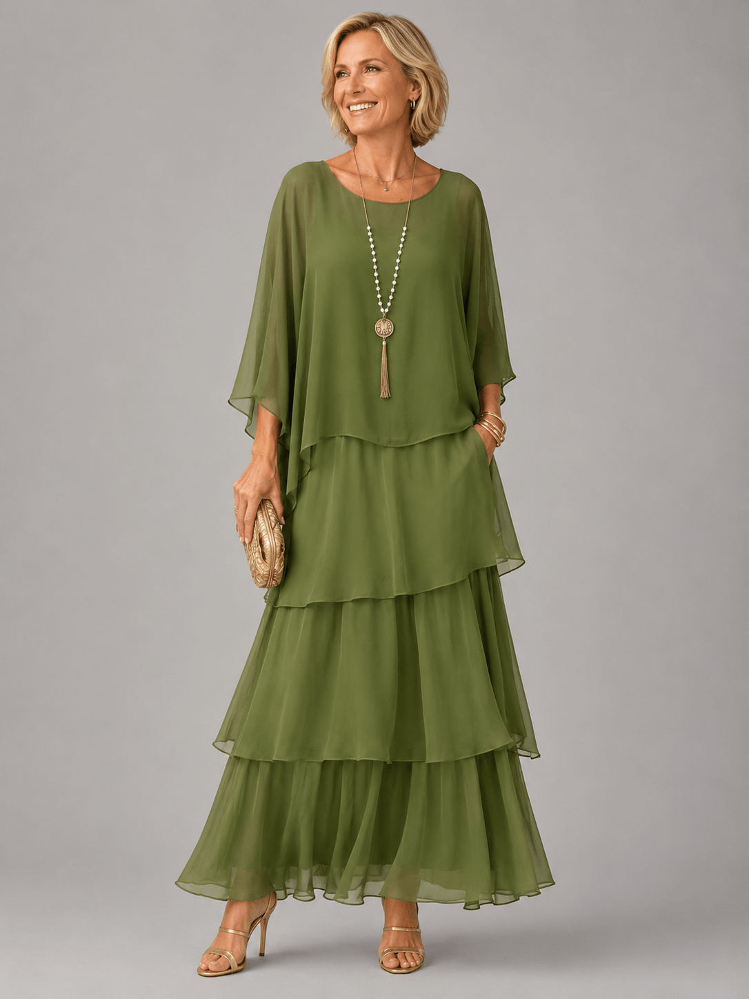 Tiered Ruffle Women's Midi-to-Maxi Dress with Flowing Capelet Sleeves