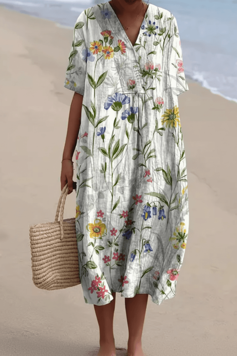 Floral Print V Neck Midi Dress for Beach Vacation and Fall Dresses for Women Occasions