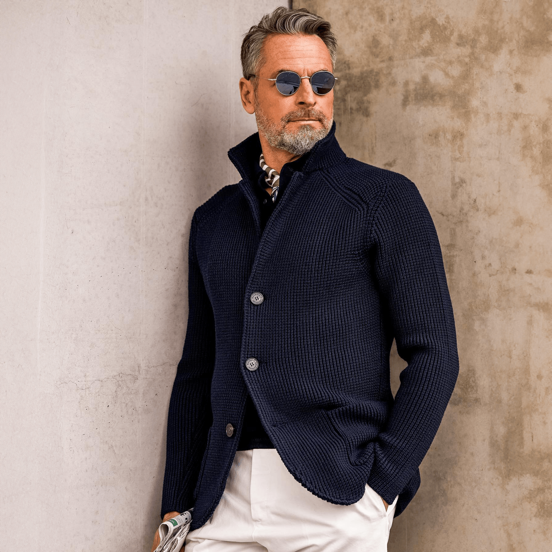 Waffle-Knit Button-Front Mens Sweaters Cardigan with Stand Collar