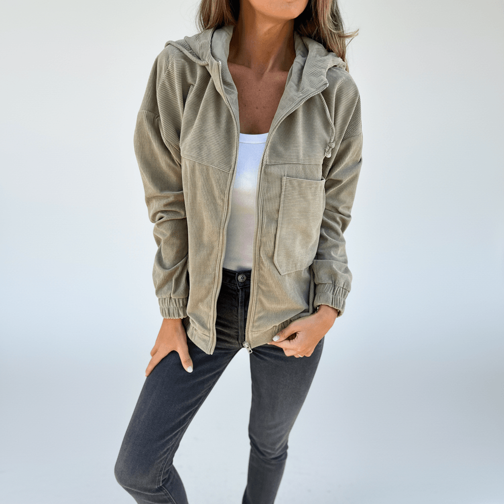 Women's Lightweight Hooded Corduroy Zip-Up Jacket with Chest Pocket and Elastic Cuffs