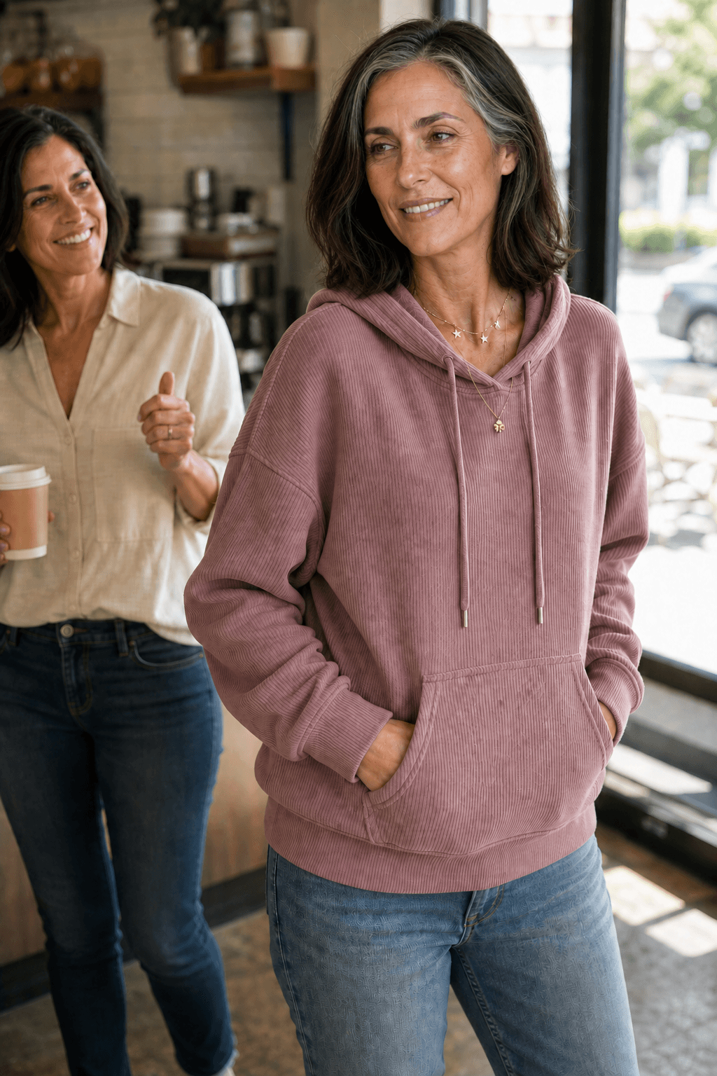Women's Ribbed Corduroy-Look Pullover Hoodie with Front Pocket