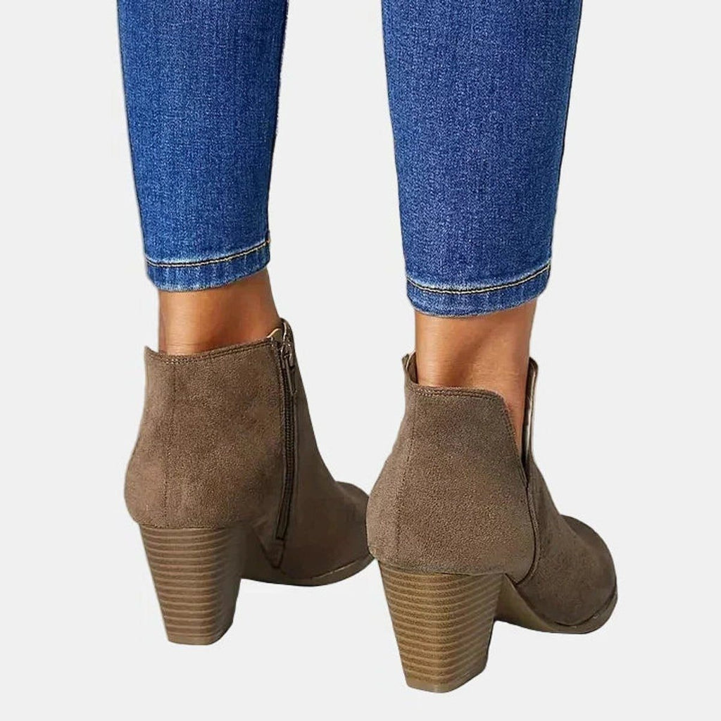 Women's Suede-Look Round-Toe Ankle Boots with Block Heel and Side Zip