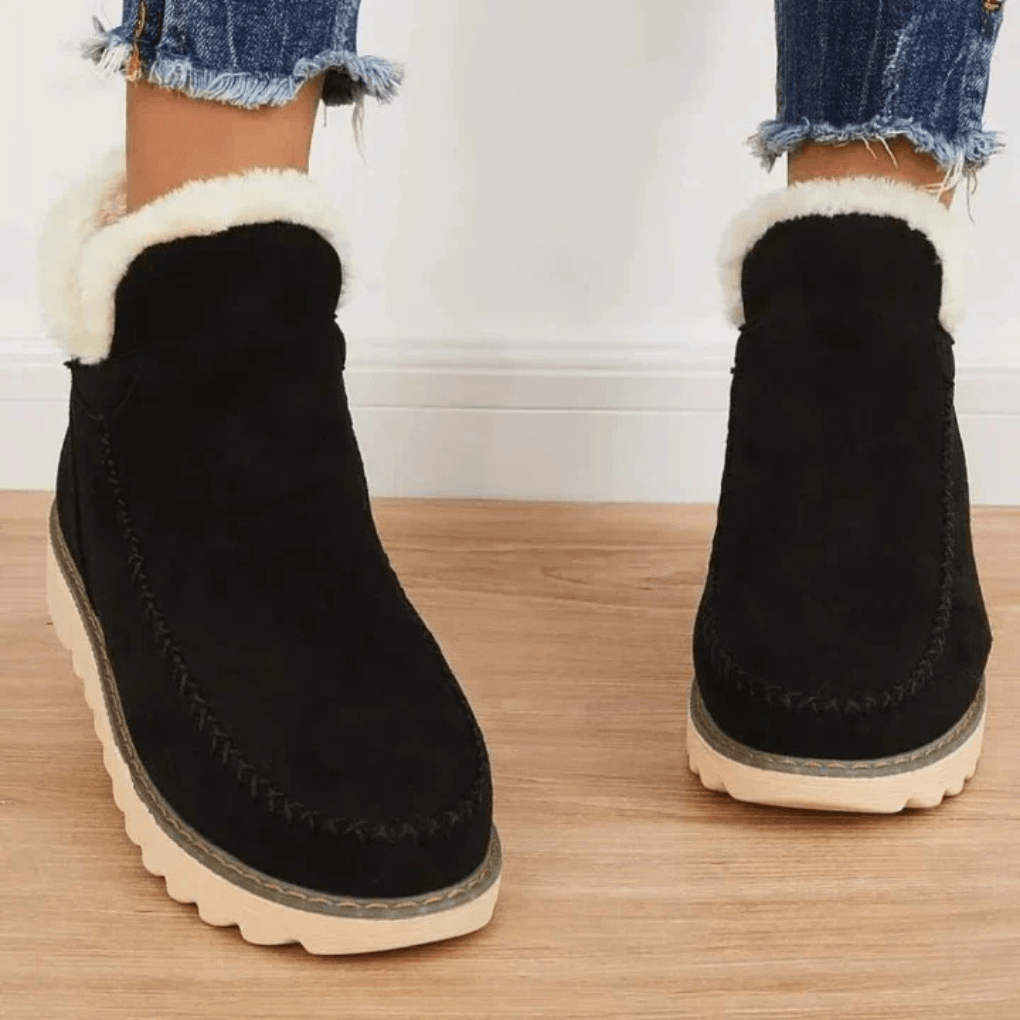 Women's Fur-Lined Suede Winter Ankle Boots with Moc-Toe Stitching